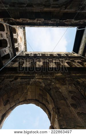 travel to Germany - bottom view of ancient roman city gate Porta  (Black Gate) in Trier town
