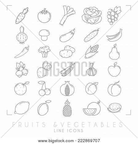 Trendy simple thin line fruits and vegetables icons big set. Healthy eco, tropic vector illustrations.