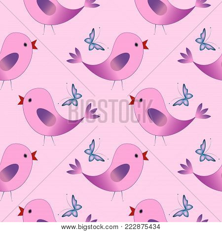 Happy Easter. Seamless  pattern with birds. Childish illustration in cartoon style. Pink a purple background.