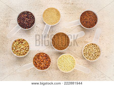 gluten free grains (quinoa, brown rice, kaniwa, amaranth, sorghum, millet, buckwheat, teff) - a set of measuring scoops on a rustic barn wood