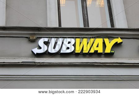 ST. PETERSBURG, RUSSIA - JANUARY 9, 2018: Subway Fast Food Restaurant Outdoor Brand Logo on the Building. Subway is American Fastfood Restaurant Chain Operanting as Franchise Specialized on Sandwiches