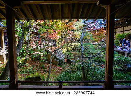 Kyoto, Japan - Nov 28, 2016. People visit autumn garden of Eikando Shrine in Kyoto, Japan. Eikando is a temple of the Jodo sect of Japanese Buddhism in Kyoto.
