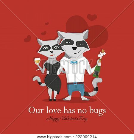 Raccoon couple in love celebrating Valentine's day holding in the paws of champagne and a glass of.