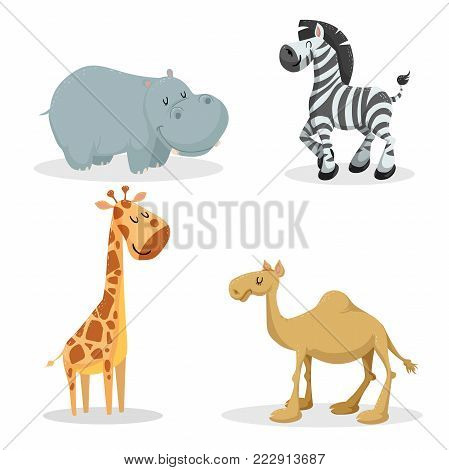 Cartoon trendy style african animals set. Hippo, zebra, giraffe, dromedary camel. Closed eyes and cheerful mascots. Vector wildlife illustrations.
