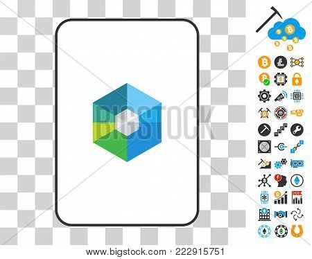 Raiblocks playing card pictogram with bonus bitcoin mining and blockchain pictures. Flat vector icons for crypto-currency toolbars.