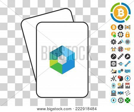 Raiblocks Currency gambling cards pictograph with additional bitcoin mining and blockchain pictures. Flat vector pictograms for crypto currency toolbars.