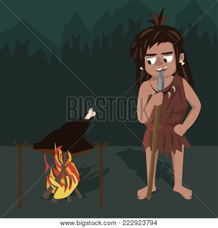 caveman roasts meat at stake - funny vector cartoon illustration in flat style