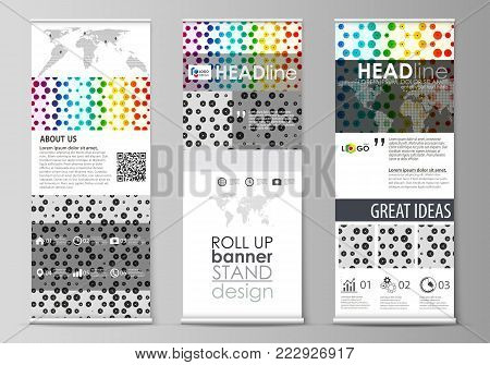 Set of roll up banner stands, flat design templates, abstract geometric style, modern business concept, corporate vertical vector flyers, flag layouts. Chemistry pattern, hexagonal design molecule structure, scientific, medical DNA research. Geometric col