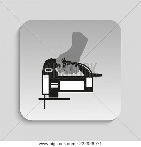 Electric Jig Saw in hand. Vector icon. Black and white vector image of a gray background.