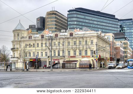 MOSCOW, RUSSIA - January 13.2018: Old pre-revolutionary merchant's house Cherepanova, 1870s Here in the 1890s was located Miusskaya town primary school. The mansion is associated with the names of A. P. and I. P. Chekhov