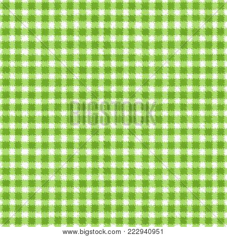 Green and white grunge gingham tartan plaid ripply abstract geometric seamless pattern background. Hand drawn seamless texture. Wallpaper, wrapping, textile, fabric