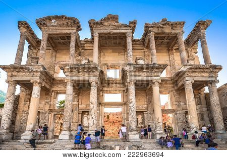 UNESCO heritage site Celsus library facade in Ephesus, Turkey on August 18, 2017.