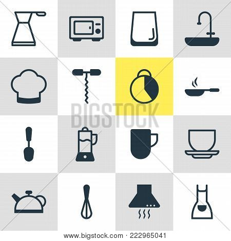 Vector illustration of 16 cooking icons. Editable set of smock, extractor appliance, timekeeper and other icon elements.