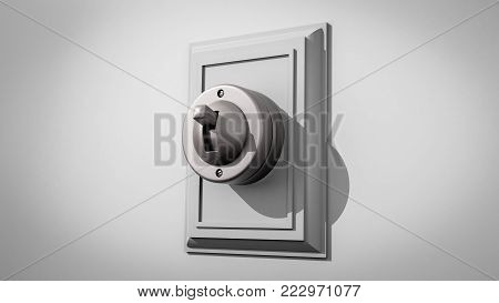3D illustration of an old-fashioned ceramic light switch on a gray wall with the switch and backplate centered and facing left