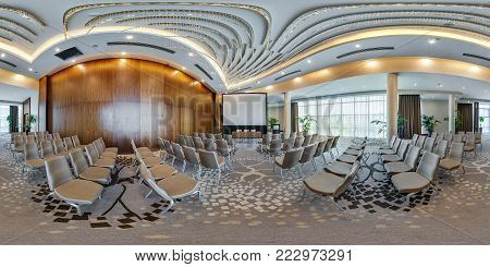 Minsk, Belarus - July 27, 2017: 360 Panorama View In Interior Of Modern Empty Conference Hall For Bu