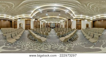 Minsk, Belarus - July 27, 2017: 360 Panorama View In Interior Of Modern Empty Conference Hall For Bu