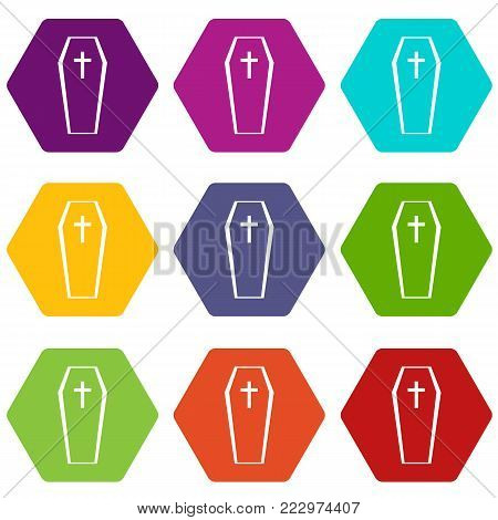 Coffin icon set many color hexahedron isolated on white vector illustration