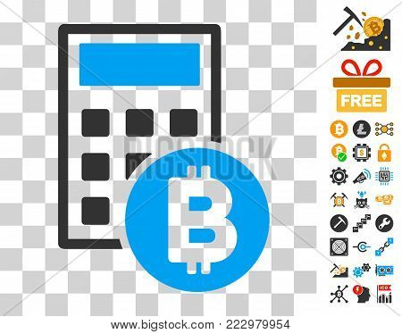 Bitcoin Calculator icon with bonus bitcoin mining and blockchain images. Vector illustration style is flat iconic symbols. Designed for blockchain websites.