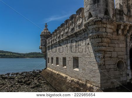 One side of the Belen tower in the city of Lisbon in Portugal