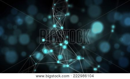 Blue abstract background: plexus connected lines with defocused lights in the background. Science, engineering and technology theme. Depth of field settings. 3D rendering