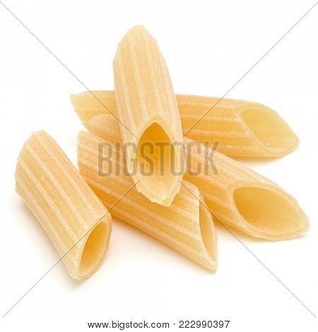 Italian pasta isolated on white background. Pennoni. Penne rigate.