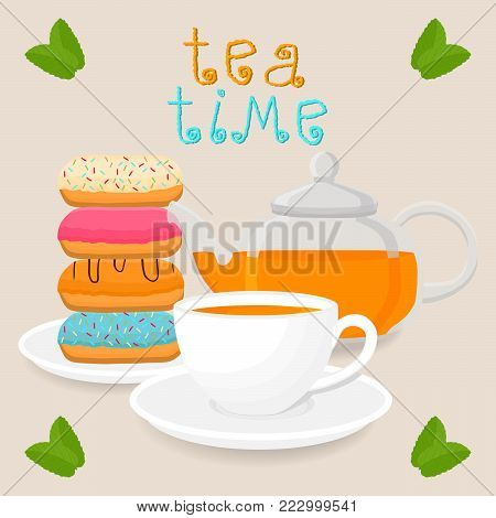 Vector illustration logo for white ceramic cup, glass teapot, teacup on saucer, donut. Teacup pattern of tea brewed in porcelain cups, transparent teapot, donuts. Drink teas in teacups from teapots.