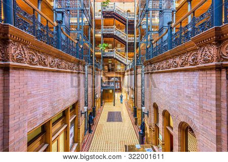 LOS ANGELES - FEBRUARY 29, 2016: The Bradbury Building in Los Angeles. The historic building is featured prominently as a setting in films, television, and literature.