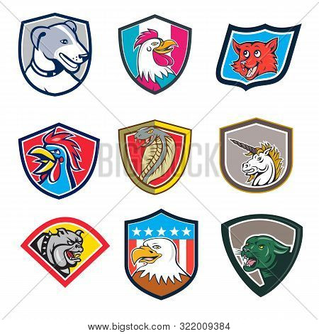 Set Or Collection Of Cartoon Character Mascot Style Illustration Of Heads Of Animals Like Rooster, D