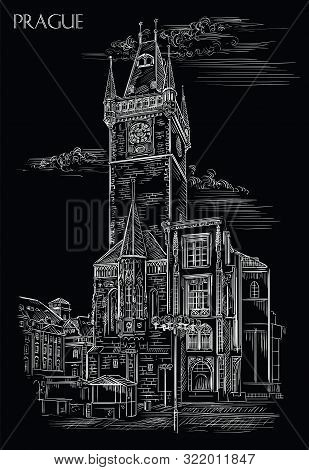 Vector Hand Drawing Illustration Of Old Town Hall In Prague. Landmark Of Prague, Czech Republic. Vec