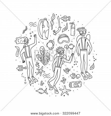 Diving Round Badge. Set Of Scuba Diving Aquipment, Plungers And Underwater Elements. Circle Comositi