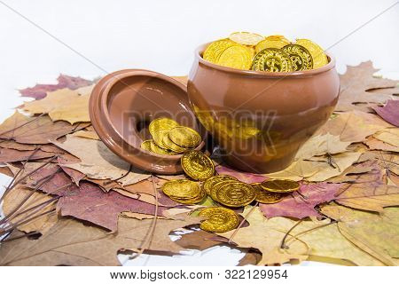 Isolated Pot With Golden Coins. Abstract Photo Of Lucky.