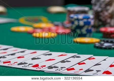 Close-up Cards For Playing Poker On A Gaming Table In A Casino A