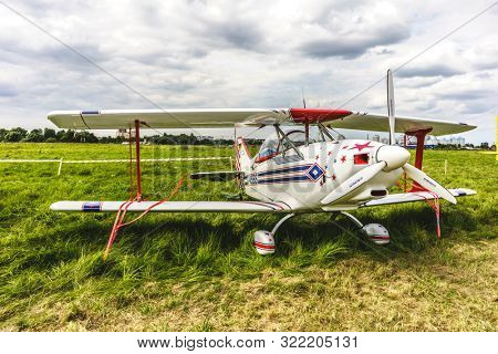KALININGRAD, Russia - August 18, 2019: 100 Anniversary First European Airport Devau Fest, Ultra Light Propeller Screw Plane Ready for Flight