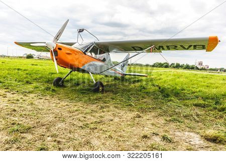 KALININGRAD, Russia - August 18, 2019: 100 Anniversary First European Airport Devau Fest, Ultra Light Propeller Screw Plane Ready for Flight