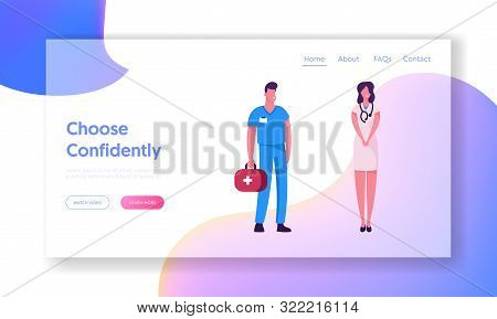 Hospital Or Clinic Workers Website Landing Page. Ambulance Medic With Bag And Therapist Doctor Or Nu