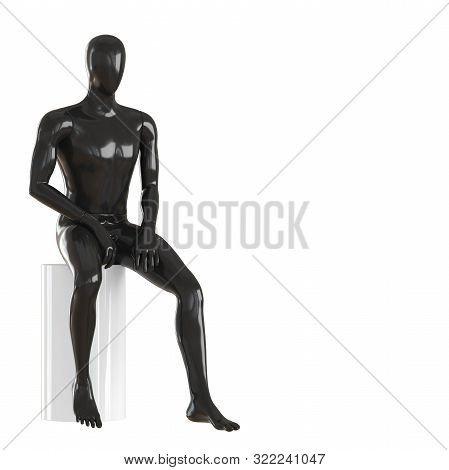 A Black Faceless Mannequin Guy Sits On A White Round Stool. 3d Rendering