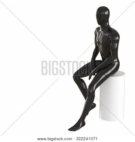 A Black Faceless Mannequin Guy Sits On A White Round Stool. 3d Rendering