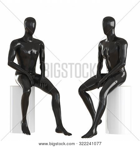 Two Faceless Mannequin Guys Are Sitting On A White Round Stool. 3d Rendering