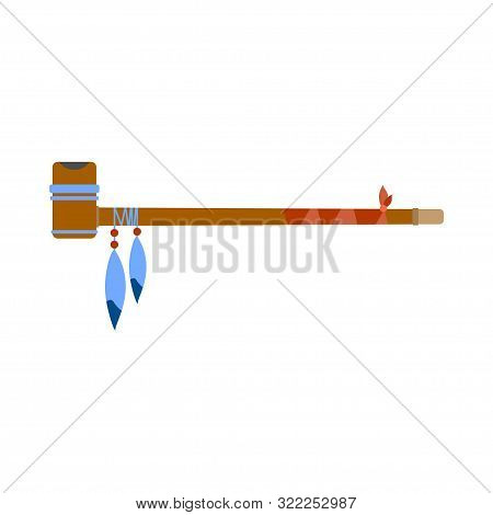 Vector Color Illustration Icon With Ceremonial Indian Chief Smoking Pipe. Wild West Symbolic Textile