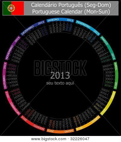Calendario de 2013 en Portugués tipo 1 círculo en negro