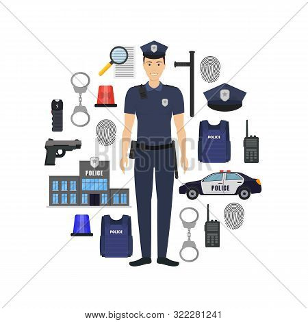 Cartoon Color Policeman And Police Elements Banner Card Circle Include Of Car, Hat, Handcuff And Gun