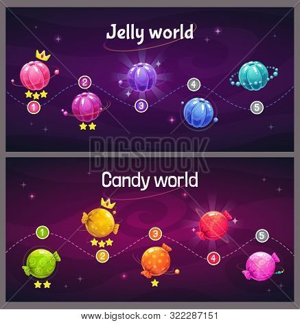 Ingame Level Up Progress Screen. Cosmic Map With Jelly And Candy Planets.