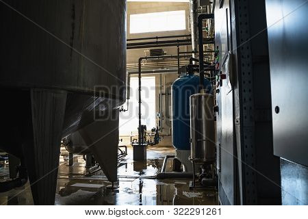 Purified Drinking Water Factory Or Plant, Large Iron Tanks And Water Purification Filters And Automa