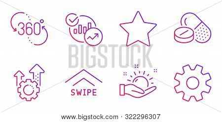 Seo Gear, Medical Drugs And Swipe Up Line Icons Set. 360 Degree, Statistics And Star Signs. Sunny We