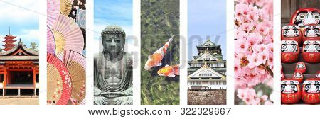 Set of vertical banners with landmarks of Japan. Osaka castle, Great Buddha statue, Gojunoto pagoda, traditional daruma dolls and fans, sakura flowers, koi fish in pond