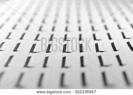 Handwriting Black And White Symbol Filling Pattern. Calligraphic Letter L Learning Skills Paper Page