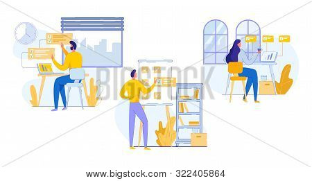 Professional Flyer Office Work Planning Cartoon. Man Sits Office And Performs Tasks In Stages. Woman