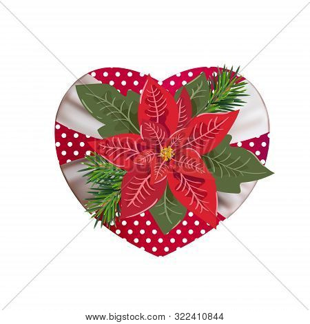 Christmas Red Flower Poinsetia On Gift Box In Form Of Heart. Vector Mesh Fashion Illustration. Valen