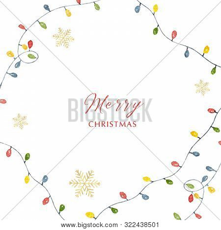 Watercolor Christmascard With Colorful Garlands With Golden Snowflakes.