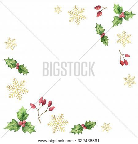 Watercolor Christmascard With Green Leaves, Red Berries And Golden Snowflakes.